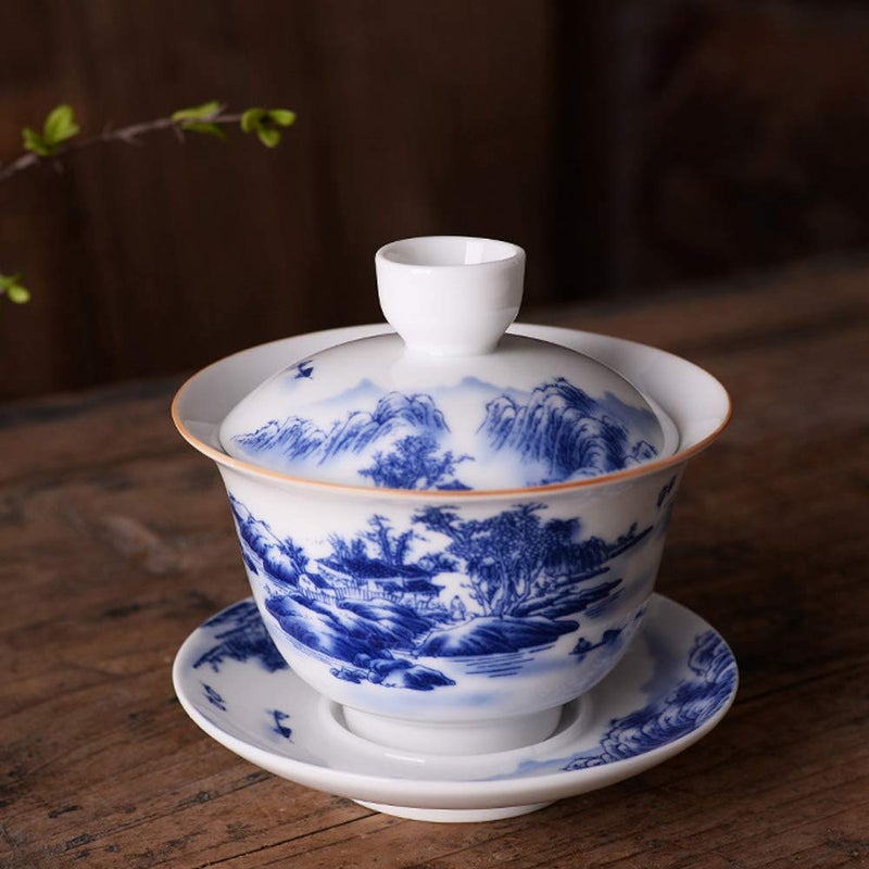 Woonsoon Jingdezhen Chinese Gaiwan Handmade 6.3oz/180ml Mountain Style China Blue and White Porcelain Gaiwan Kungfu Teacup Traditional Chinese Teaware Tea Set - Image 4